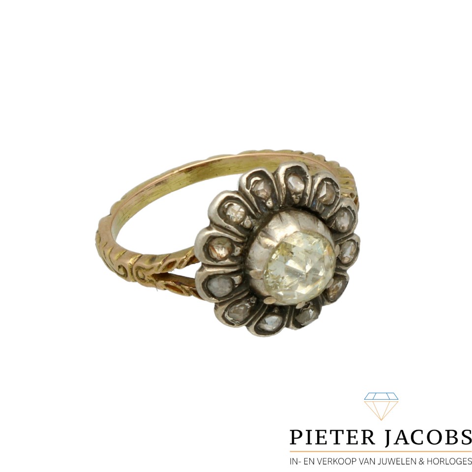 14 krt Vintage ring Roos geslepen Diamanten in zilver gezet