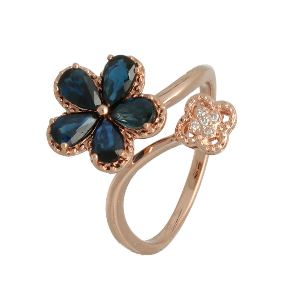14Krt. Rosegouden ''Flower'' ring gezet met Blauwe saffier & Diamant
