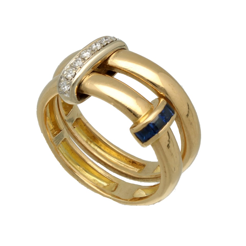 18 Krt dubbele gouden ring Briljant-saffier