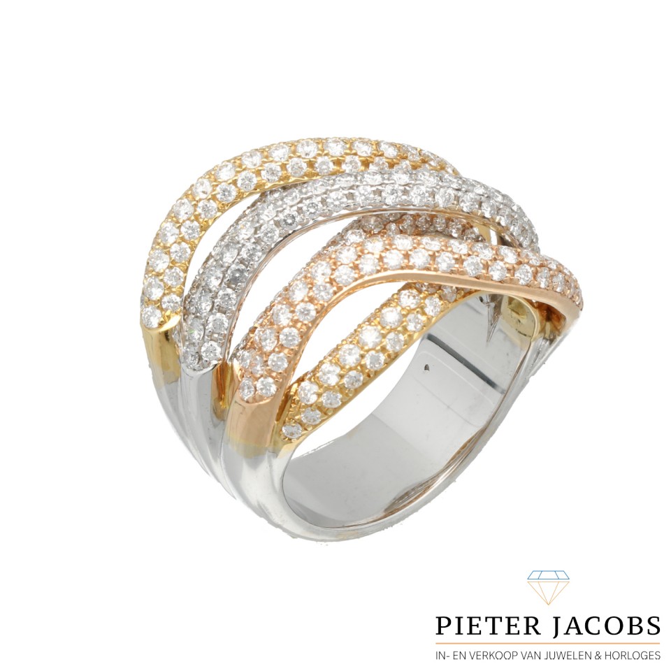 18 krt Tri-color Briljant ring met PavÃ© zetting 3.5 Ct