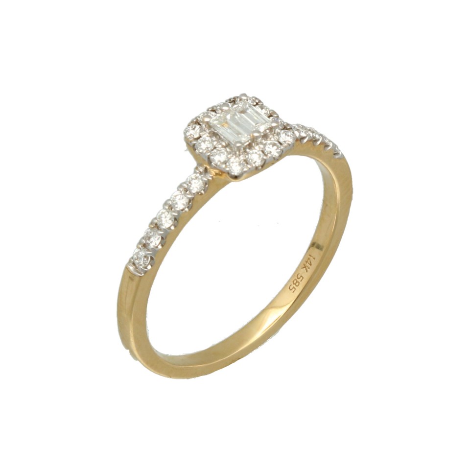 Geelgouden ring bezet met Briljant en Baguette Diamant 