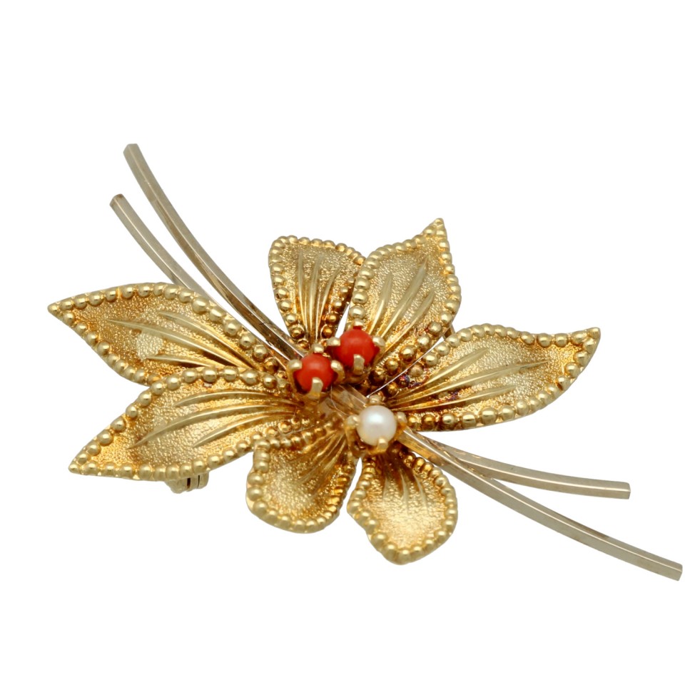 14 Krt broche met bloedkoraal en parel
