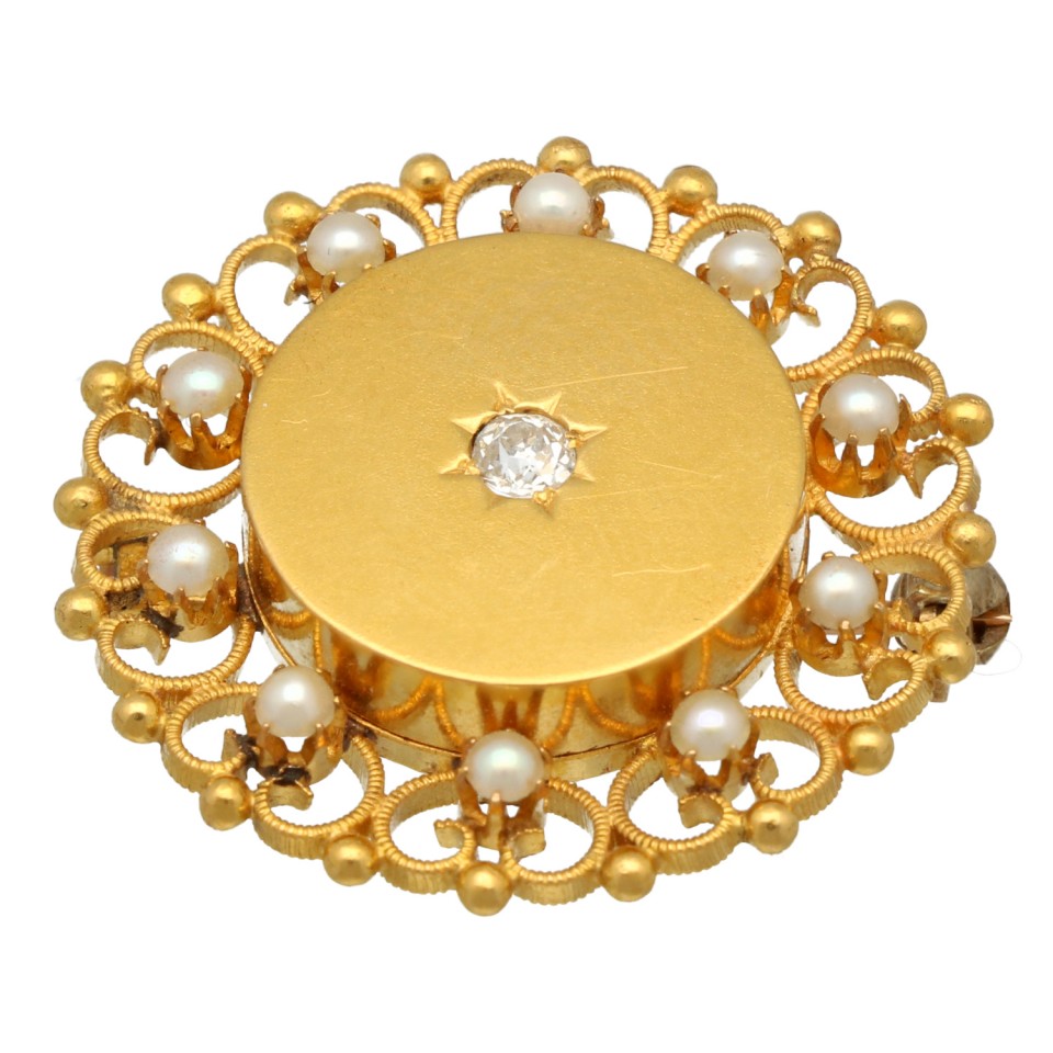 14 Krt vintage broche met Diamant en Parels