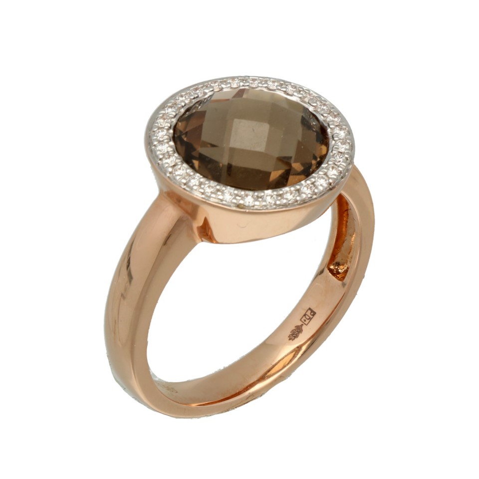 RosÃ© gouden ring met Rook Quartz en Briljant.