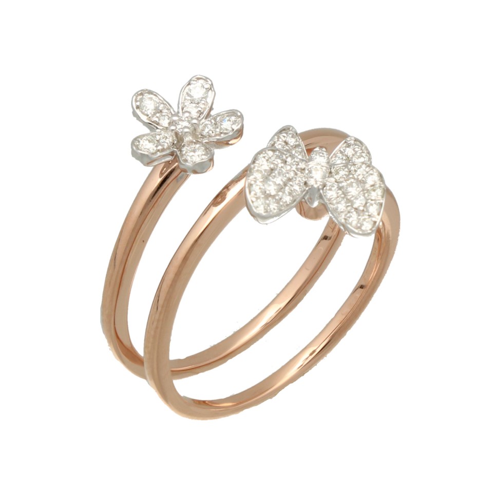 14Krt. Rosegouden ''Butterfly'' ring gezet met Briljant 0.22Ct.