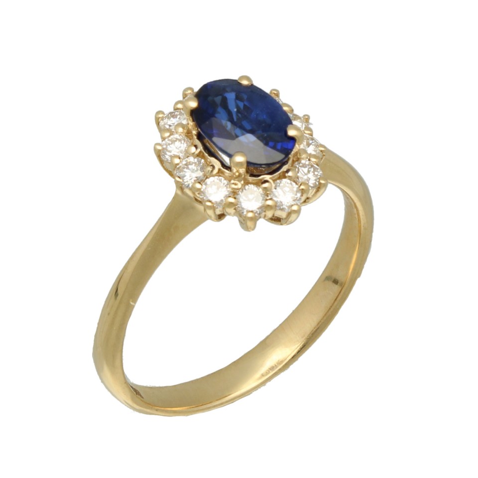 14 krt gouden rozet ring met Briljant en Blauwe saffier