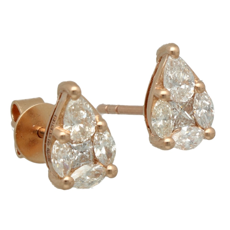 RosÃ© gouden oorbellen met Markies en Princess Diamant