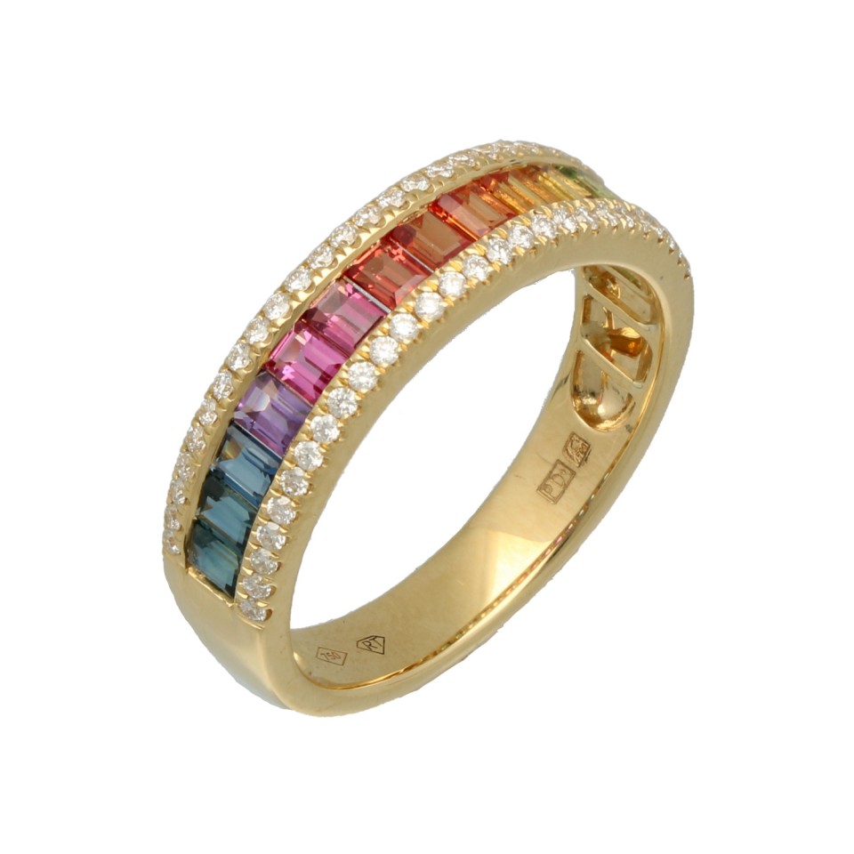 18Krt. gouden ring ''Rainbow Collectie'' Saffier en Briljant 