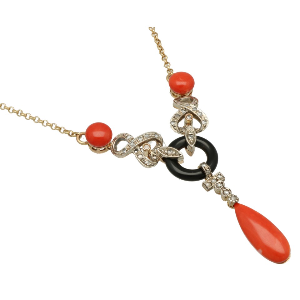 14 krt. collier met Diamant-Onyx en Koraal. Cartier model.