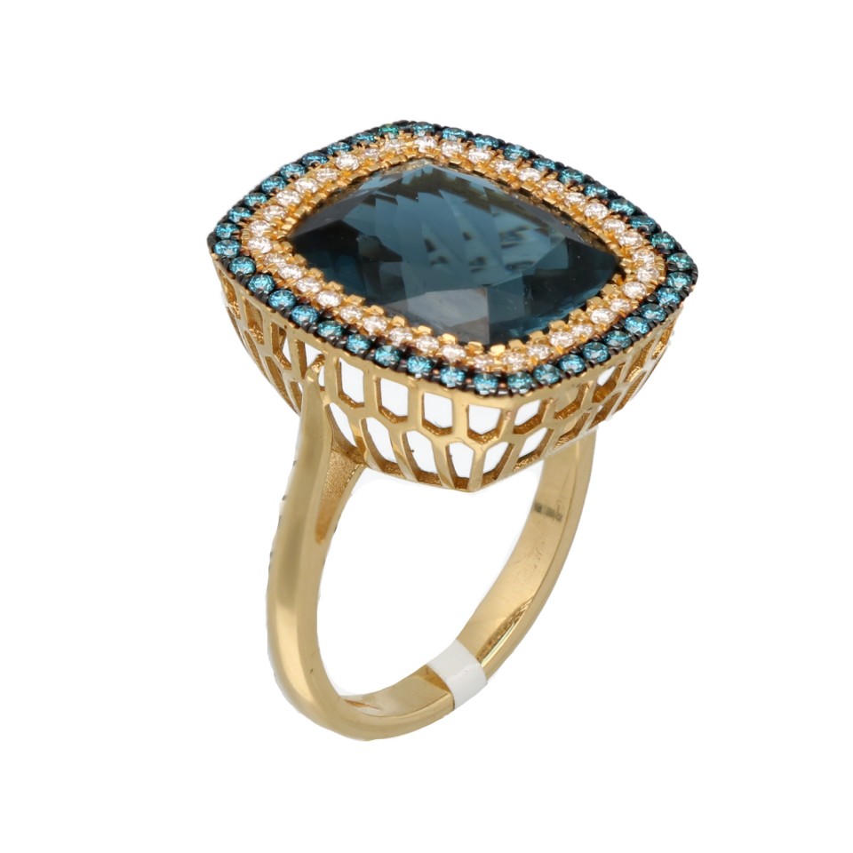 18Krt. Geelgouden ring ''London Blue Topaz'' en Briljant 0.24Ct. 