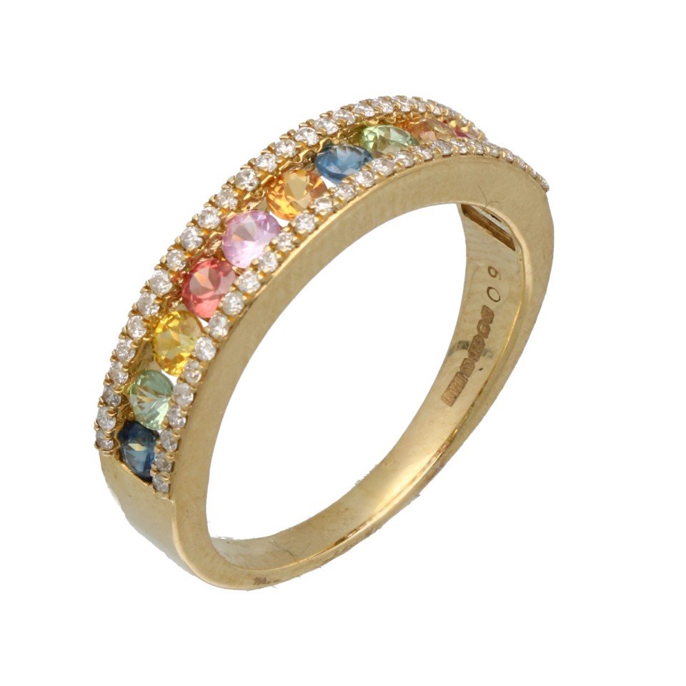 9Krt. Gouden ring ''Rainbow'' Briljant en Saffier