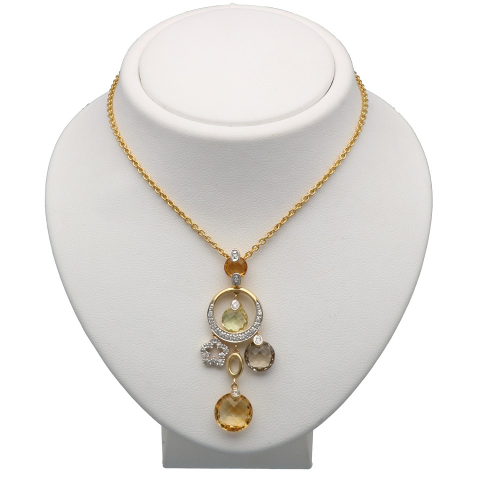 14 Krt Gouden collier met Diamant en Citrien/Topaas.