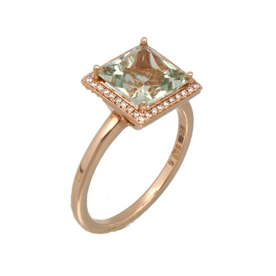 14 krt RosÃ© gouden ring met Groene Amethist en Diamant