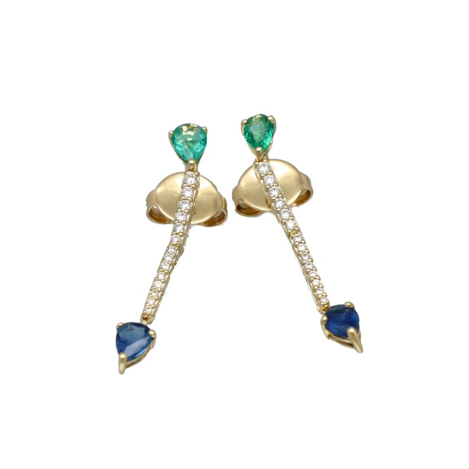 14 Krt Oorhangers Briljant, Smaragd & Saffier