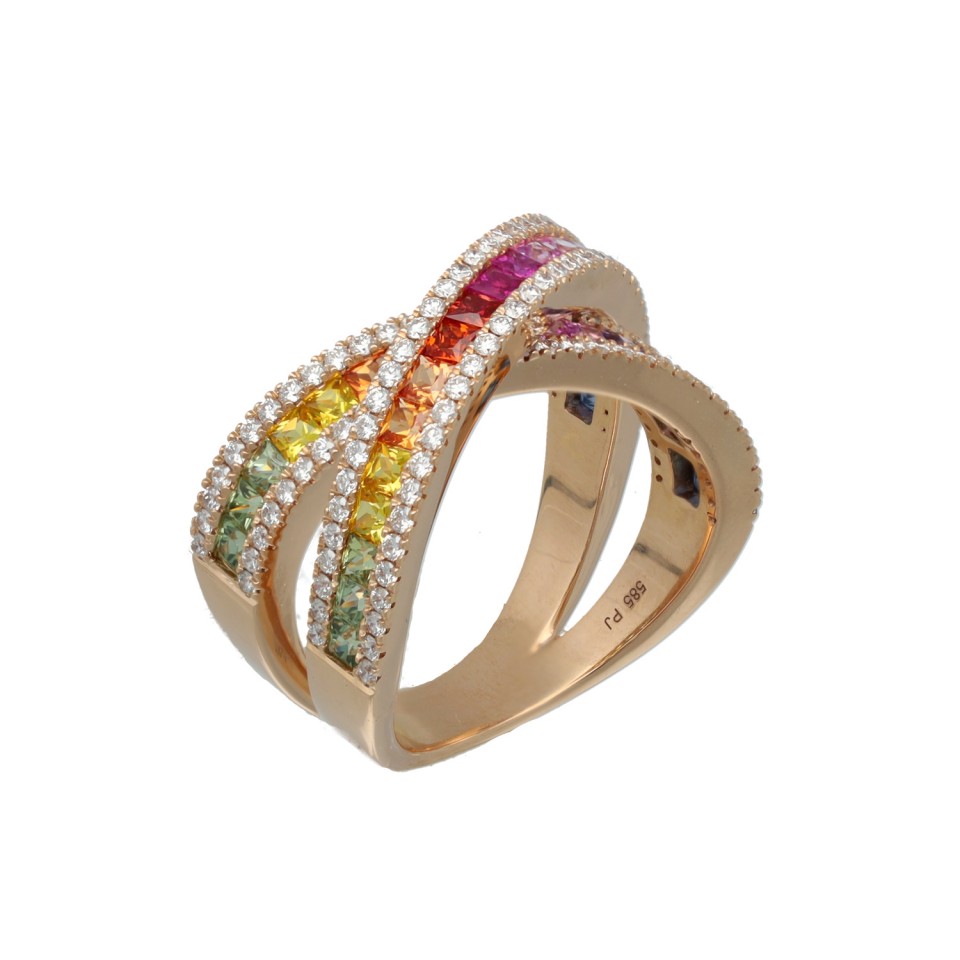 14Krt Rosegouden 'Rainbow' ring met Saffier & Briljant
