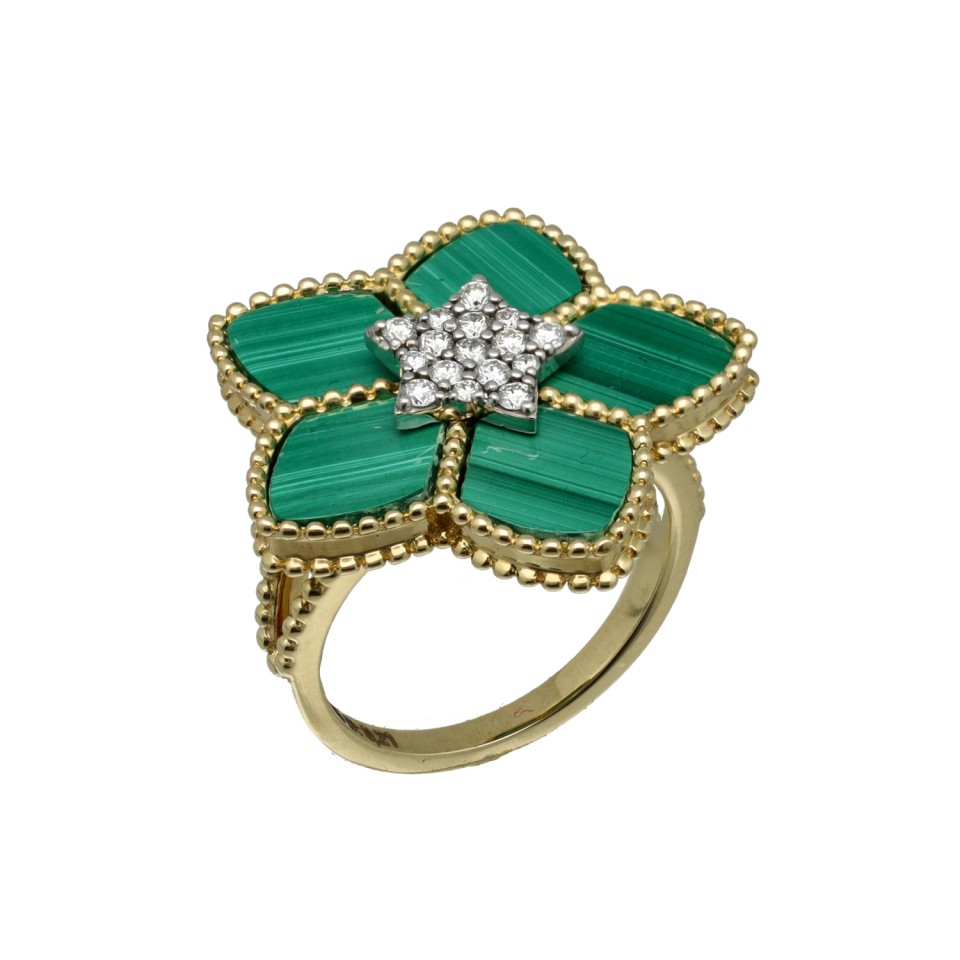 14 krt. ring met Malachite en Diamant 