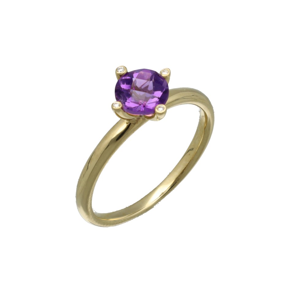 Gouden Solitair ring met Amethist en Diamant