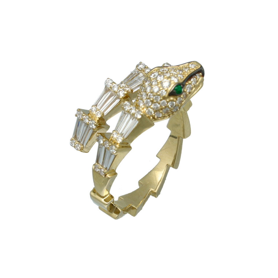 14 Krt Serpenti Ring met Diamant en Smaragd.