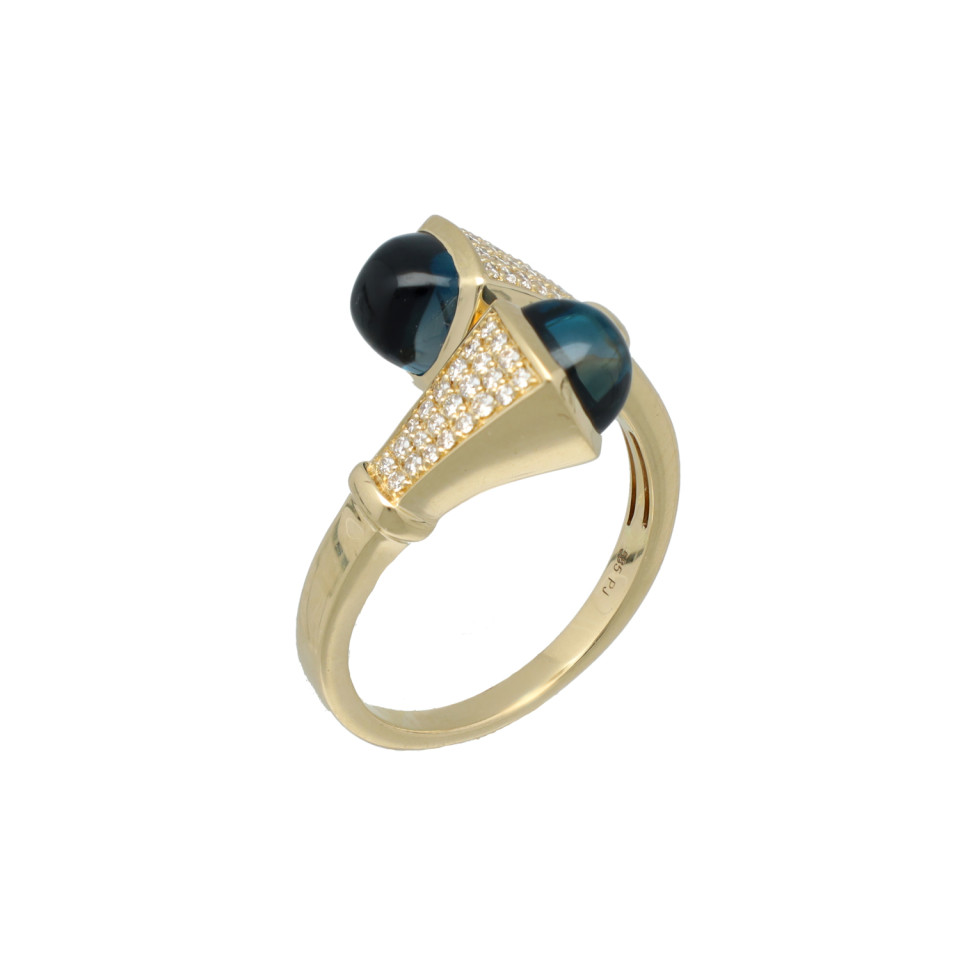 14 Krt Ring met Diamant en LondonBlue Topaas.