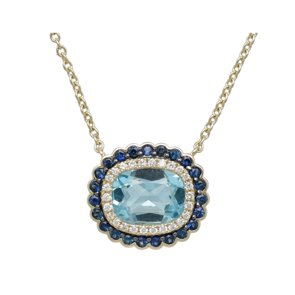 14 Krt Collier met Diamant,Saffier en Topaas.