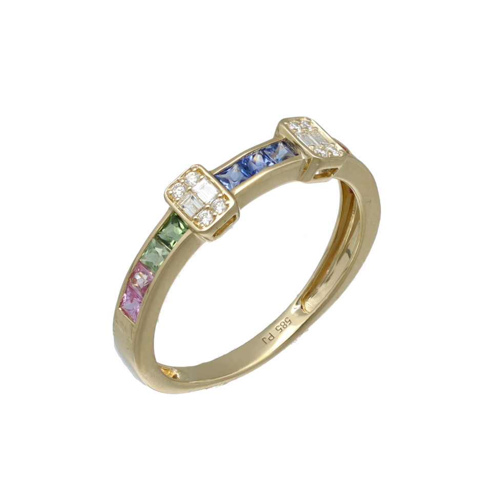 Rainbow ring met Diamant en Multi-Color Saffieren