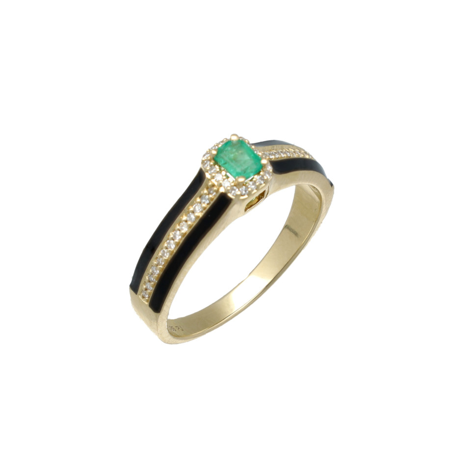 Geelgouden Ring met Diamant/Smaragd en Emaille.