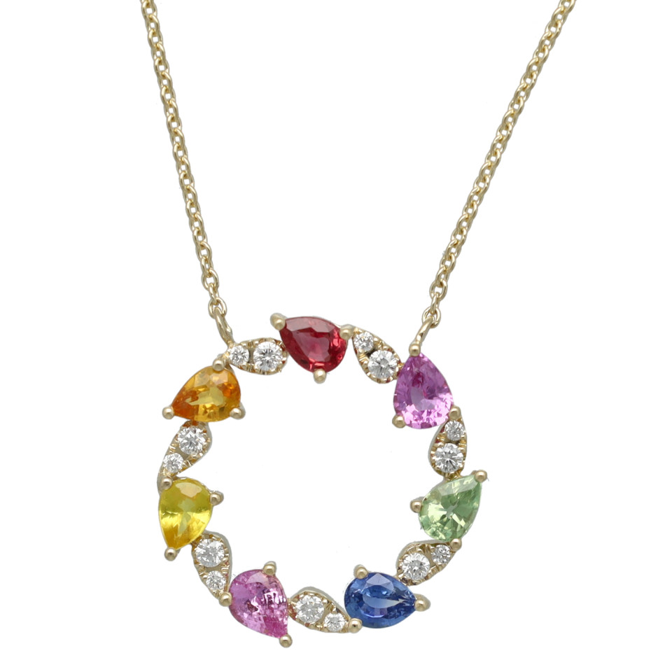 14Krt goud 'Rainbow' collier Briljant en Saffieren 