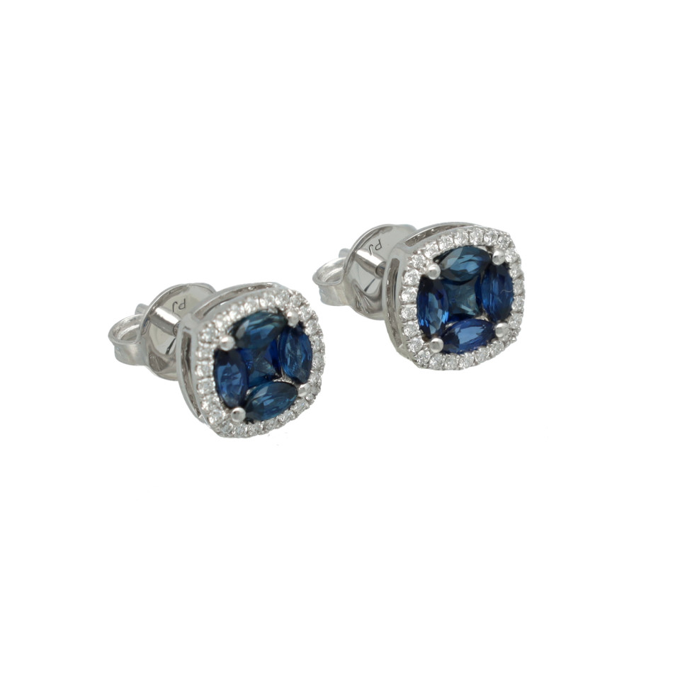 Witgouden Oorknoppen met Diamant en Blauwe Saffier.