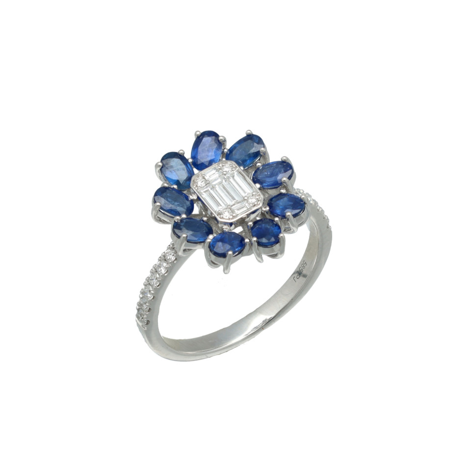 Witgouden Rozet Ring met Brillant en Blauwe Saffier.