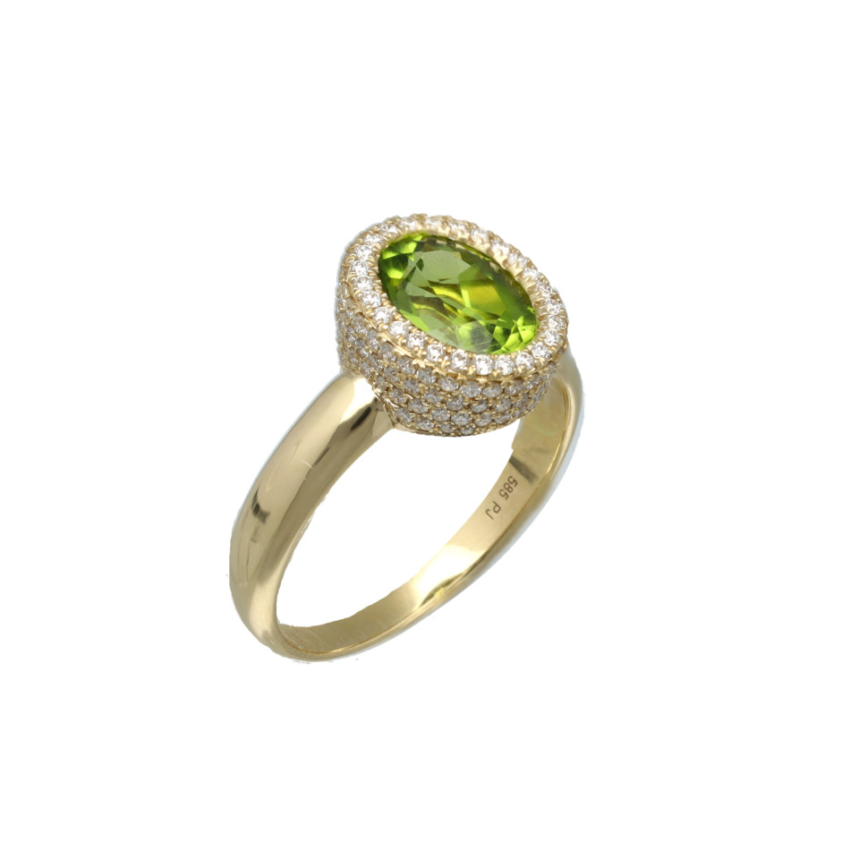14 Krt Ring met Peridot en Brillant 0.60 Ct