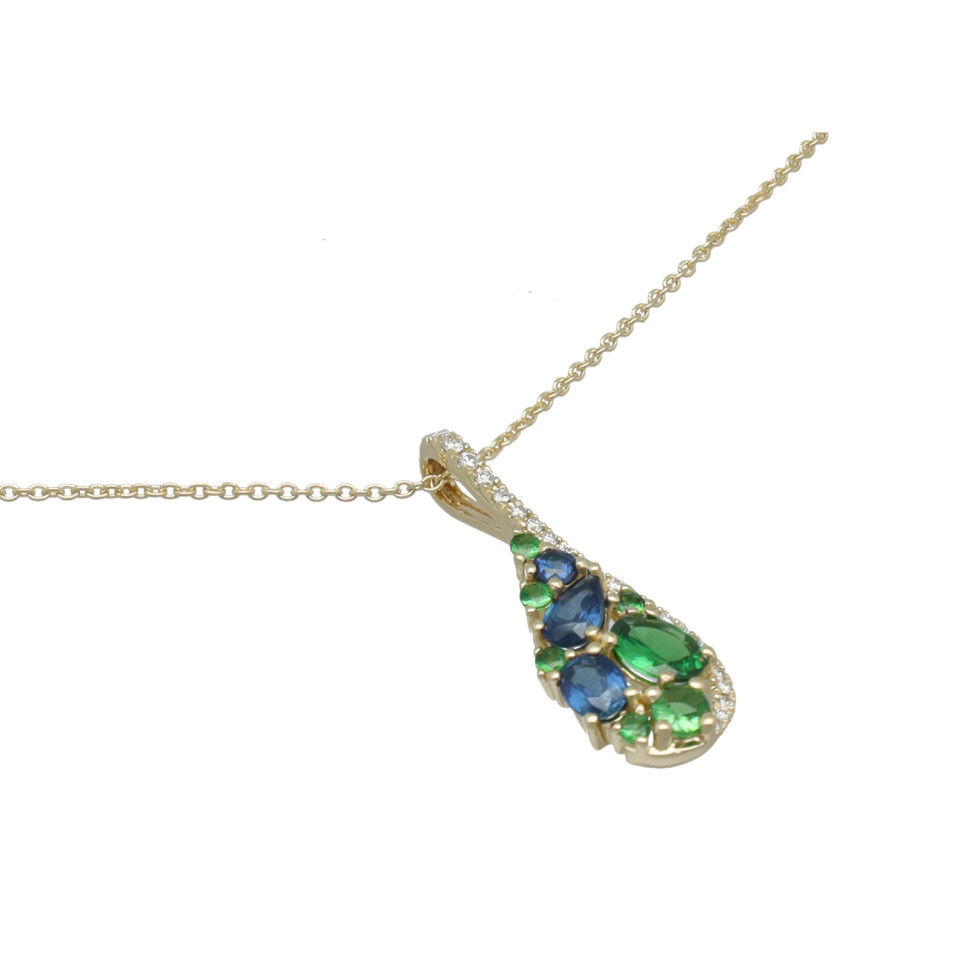 14 Krt Collier met Diamant, Saffier en Groene Granaat.