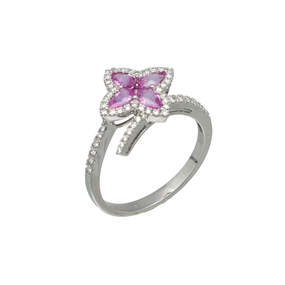 Witgouden Ring met Briljant en Roze Saffier