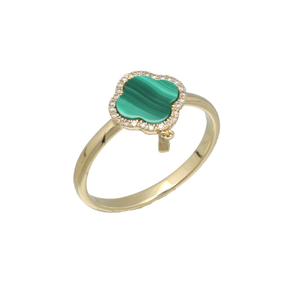 Malachiet ring met diamant in 14 Krt goud.