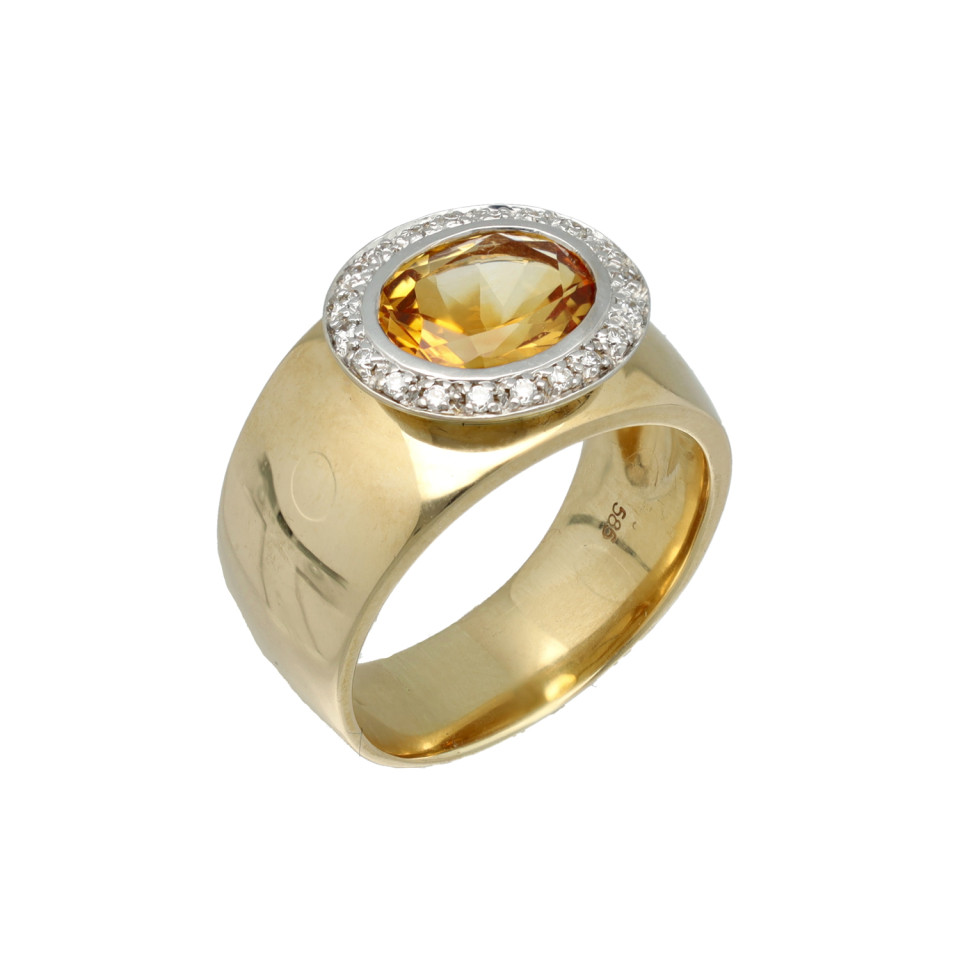 Geelgouden Ring met Diamant en Citrien.