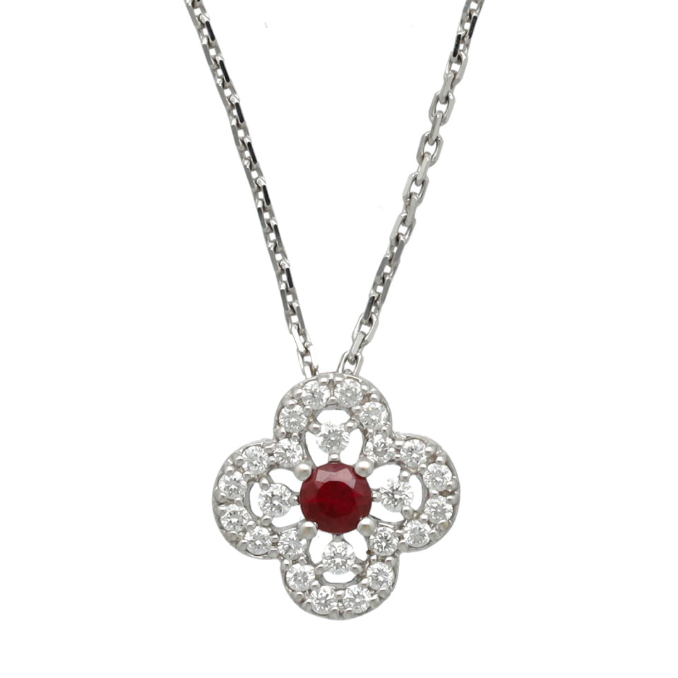 18 Krt Witgouden collier met Diamant en Robijn