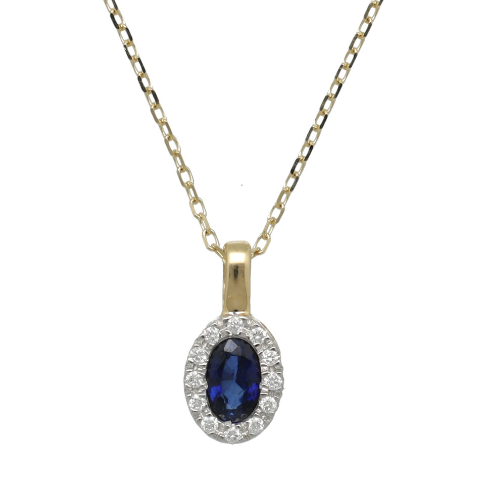 geelgouden collier met Saffier en Diamant