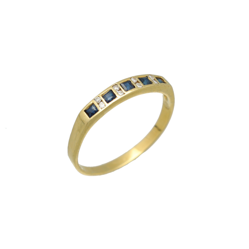 Geelgouden Vintage rijring met saffier en diamant