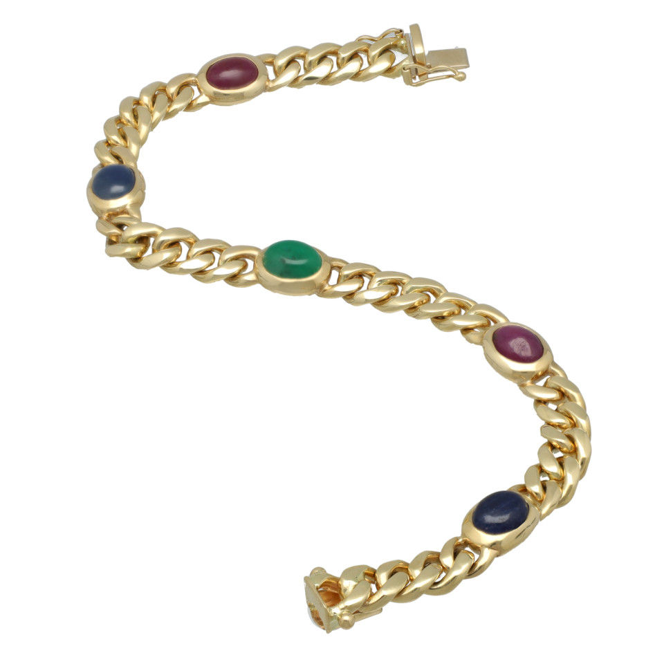 Geelgouden Gourmet armband met Saffier-Smaragd en Robijn