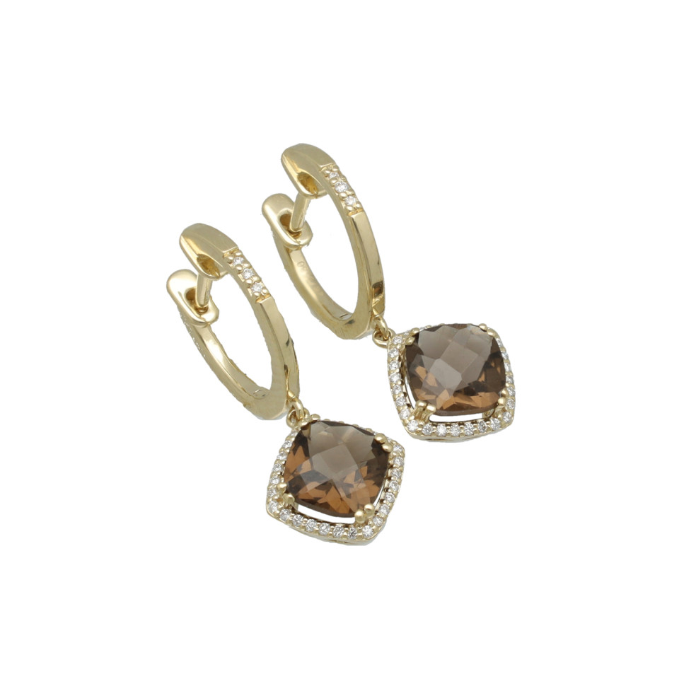 Geelgouden oorhangers met rooktopaas en diamant