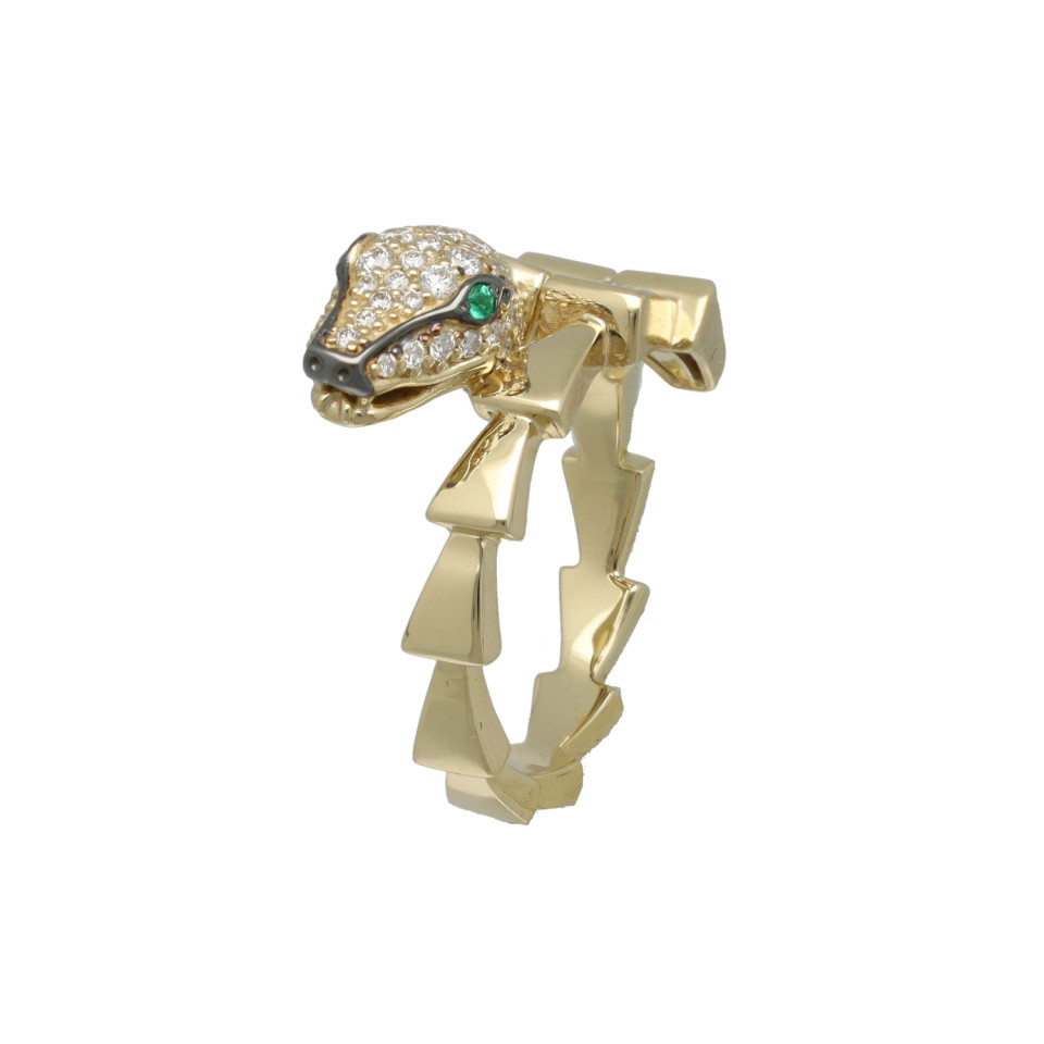 Geelgouden ring serpenti met diamant-smaragd