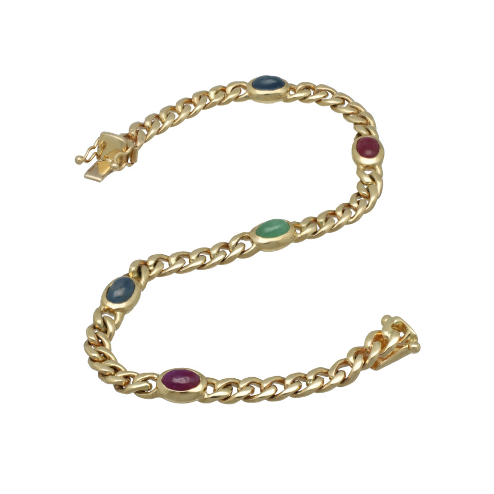 Geelgouden armband met robijn-saffier-smaragd. Maxima armband.