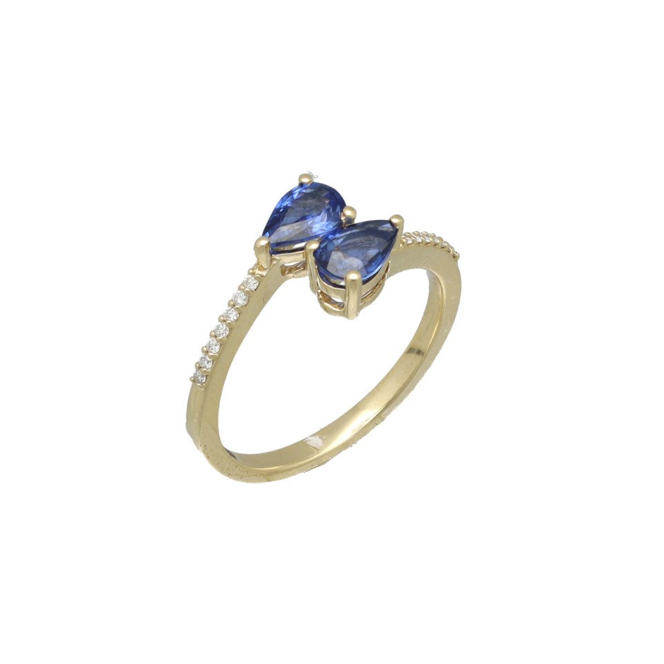 geelgouden ring met diamant en blauwe saffier