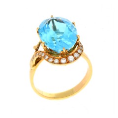 Handgemaakte ring van 14Krt. goud met Blauwe topaas & Briljant