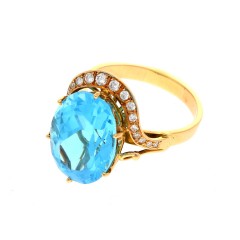 Handgemaakte ring van 14Krt. goud met Blauwe topaas & Briljant