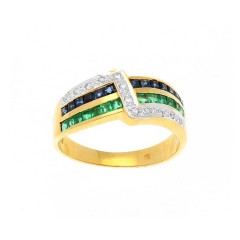 14 krt geelgouden ring met smaragd saffier en diamant