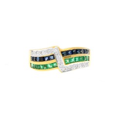 14 krt geelgouden ring met smaragd saffier en diamant