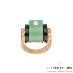 Art Deco Cocktailring met Diamant, Onyx en Jade 0.35Ct. 