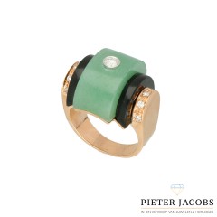 Art Deco Cocktailring met Diamant, Onyx en Jade 0.35Ct. 