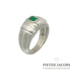 18 Krt Witgouden ring met Smaragd en Diamant 