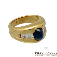 18 Krt. Geelgouden ring met Saffier en Baguette Diamant 